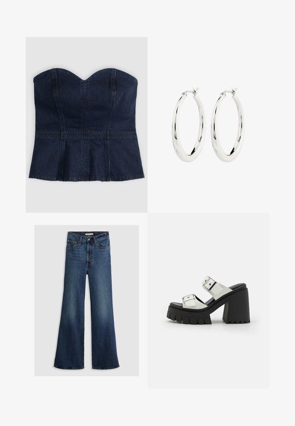Donkerblauwe strapless denim bustiertop met een sweetheart-halslijn en zichtbare verticale en horizontale stikdetails.; Wijde jeans in donkerblauw denim, met een hoge taille, vijf zakken en contrasterend stiksel langs de naden en tailleband.; Chunky hak sandaal met een zwarte rubberen zool, een witte synthetische bovenkant, twee verstelbare zilveren gespen en een dikke plateauzool.; Zilveren oorbellen in de vorm van een gladde, glanzende ring. Circulaire vorm, voorzien van een veilige sluiting. Eenvoudig en elegant ontwerp.