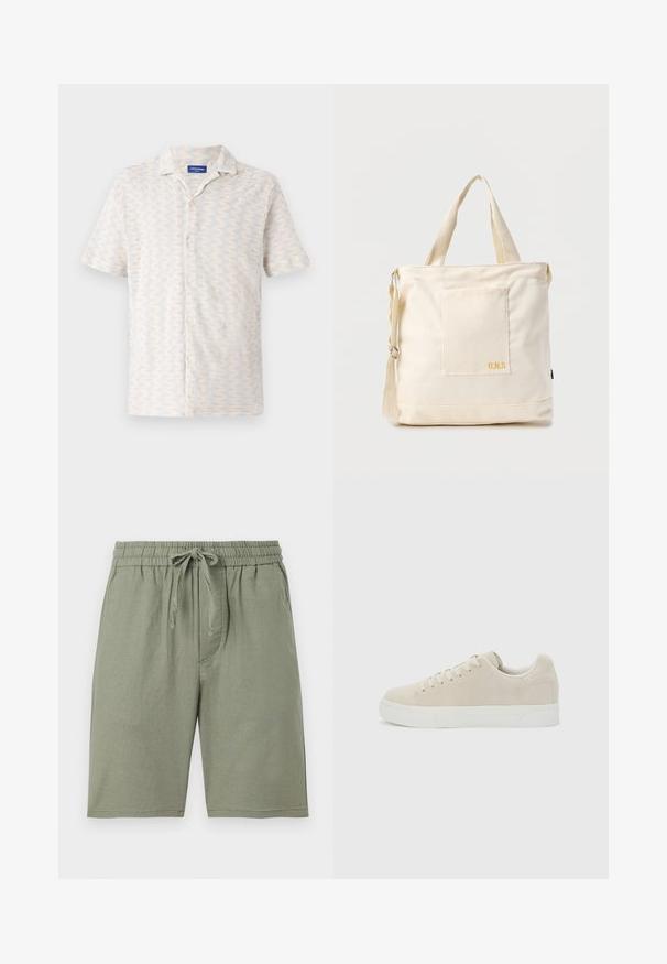 Chemise à manches courtes avec boutons, dans des couleurs claires, présentant un motif en zigzag, un col et cinq boutons sur le devant. Fabriquée en tissu respirant.; Shorts en coton vert clair avec une taille élastique et un cordon de serrage réglable. Comprend des poches latérales et une coupe au niveau du genou.; Baskets basses beige à lacets avec semelle épaisse en caoutchouc blanc sur un fond uni gris clair.; Sac fourre-tout en toile crème avec poche avant, deux poignées, bandoulière réglable et petit texte jaune "O.N.S" en bas à droite de la poche.
