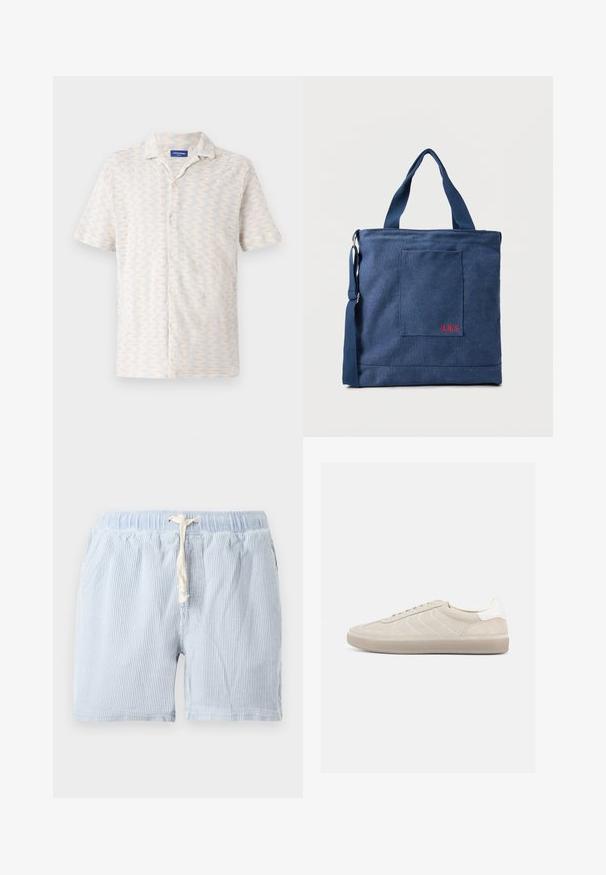 Kortærmet skjorte med knapper i lyse farver, der har et zigzag-mønster, krave og fem forreste knapper. Fremstillet af åndbart stof.; Lyseblå, stribede shorts lavet af blødt stof med elastisk talje og snor. Har sidelommer og en afslappet pasform.; Beige ruskindssneaker med en tekstureret overdel, glat hvid hælkappe, tynde snørebånd og en gummi-ydersål. Har et lavt profil design.; Blå lærredstote taske med frontlomme og rød "O.N.S" broderi, med to håndtag og en justerbar skulderrem.