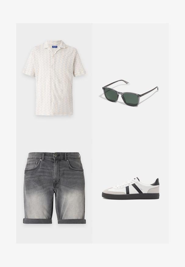 Chemise à manches courtes avec boutons, dans des couleurs claires, présentant un motif en zigzag, un col et cinq boutons sur le devant. Fabriquée en tissu respirant.; Shorts en denim noir délavé avec un ourlet retroussé, comportant cinq poches et un léger effet délavé à l'avant. Fermeture classique à boutons.; Baskets blanches avec des accents noirs et gris, présentant un embout texturé gris, une semelle en caoutchouc noir et des lacets plats blancs. Design épuré, style minimaliste.; Polaroid Lunettes de soleil - grey