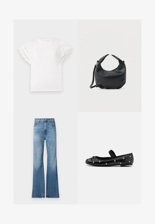 Camiseta blanca de algodón con mangas cortas y con bordes festoneados que presentan recortes de ojal. Tejido suave, cuello redondo y un diseño simple sin adornos adicionales.; Replay BECKA PANTS - Vaqueros boyfriend - medium blue; Zapato plano de cuero negro con punta redonda, tachuelas decorativas plateadas y una correa elástica. Presenta una textura lisa y un tacón bajo.; Bolso de mano de cuero negro trenzado con asa corta y correa de hombro desmontable, exhibido sobre un fondo claro y liso.