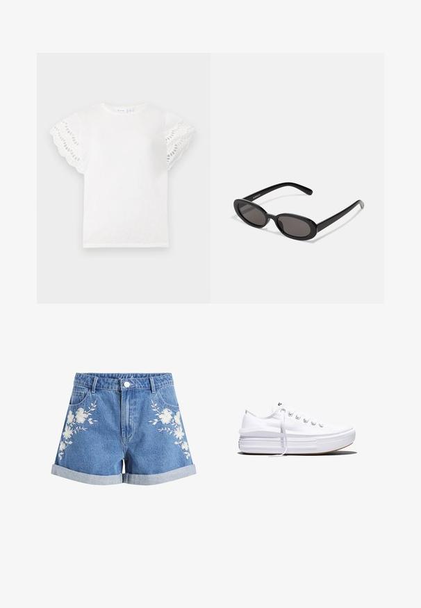 Hvid t-shirt med korte, bølgede ærmer og øskenudskæringer. Blødt stof, rund hals, og et enkelt design uden ekstra udsmykninger.; Blå denimshorts med opsmøgede kanter og hvid blomsterbroderi på begge forstykker, med bæltestropper og forlommer.; Hvid lavt snørestøvle med tyk plateau-sål, snørelukning foran og gummiforstærket tåkap, set i sideprofil.; Even&Odd by Zalando Solbriller - black