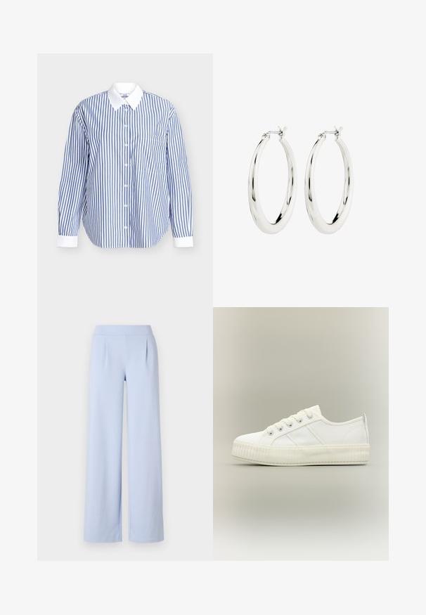 Gestreept overhemd in blauw-witte katoen. Voorzien van een knoopsluiting, lange mouwen en een witte kraag. Inclusief een borstzak.; Lichtblauwe wijde broek van zacht materiaal met een gladde textuur, voorzien van een brede tailleband en subtiele voorplooien.; Witte lage sneaker met dikke geribde zool, veters aan de voorkant en trek-lus aan de hiel tegen een neutrale achtergrond.; Zilveren oorbellen in de vorm van een gladde, glanzende ring. Circulaire vorm, voorzien van een veilige sluiting. Eenvoudig en elegant ontwerp.