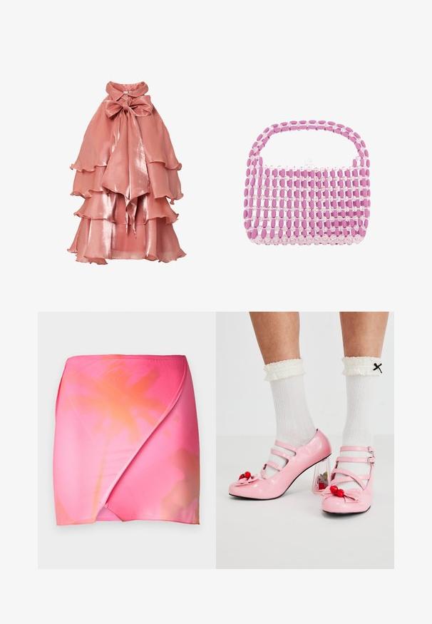 Rosafarbene Kleid aus glänzendem Stoff, mit einem geschichteten Rüschendesign, hohem Kragen und großem Schleifenverschluss am Hals.; Rosa Farbverlauf Wickelrock aus glattem, elastischem Stoff mit einem Ombre-Effekt von lebhaftem Rosa zu sanftem Orange. Schlichtes Bunddesign.; Rosa Lacklederabsätze mit abgerundetem Zeh, drei Riemen und Kirschverzierungen. Transparenter Blockabsatz mit floralen Akzenten. Weiße gerippte Socken.; Kleine Handtasche aus abwechselnden Reihen von rosa ovalen und klaren runden Perlen mit einem perlenbesetzten Griff und Verschluss.