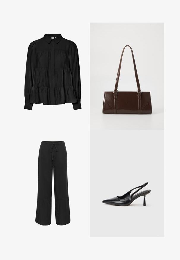Zwarte blouse met knopen en kraag, geplooide lijf en gelaagde peplum. Gemaakt van een zachte, iets getextureerde stof met lange mouwen.; Culture CUNAVI CLARINA - Broek - black; Zwarte leren slingback hoge hak schoenen met puntige neus en slanke hak op een witte achtergrond.; Bruine lakleren handtas met een rechthoekige vorm, twee lange handvatten en subtiele gebogen accenten aan de voorkant.