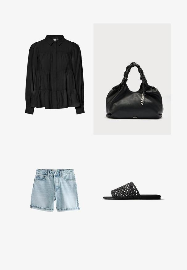 Sort skjorte med krave, samlet liv og lagdelt peplum. Fremstillet af et blødt, let tekstureret stof med lange ærmer.; Lyseblå denim shorts med rå kant, fem lommer og knaplukning. Stoffet har en let slidt tekstur.; Sort flad slidesandal med bred, vævet åbenstrikrem og firkantet tå på hvid baggrund.; Sort læderhåndtaske med en blød, slaskede form, flettede håndtag og en logo-tag. Har en samlet top og glat tekstur.