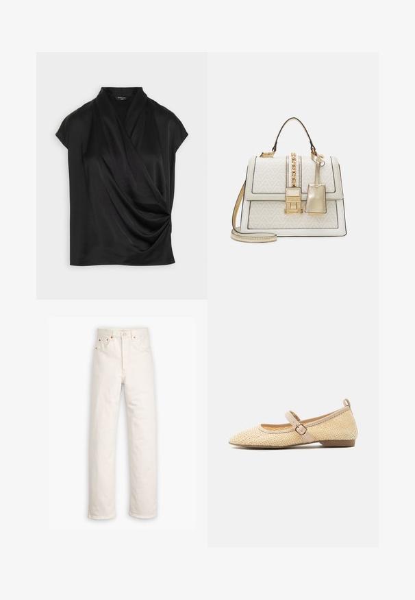 MARCIANO BY GUESS SORAYA - Bluse - jet black; Weiße Denim-Jeans mit geradem Bein, im Fünf-Taschen-Stil und mit kupferfarbenen Hardware-Details. Rohschnitt an den Knöcheln.; Beiger gewebter Mary Jane flacher Schuh mit spitz zulaufender Kappe und verstellbarem Schnallenriemen auf neutralem Hintergrund.; ALDO MARTISSA - Handtasche - beige
