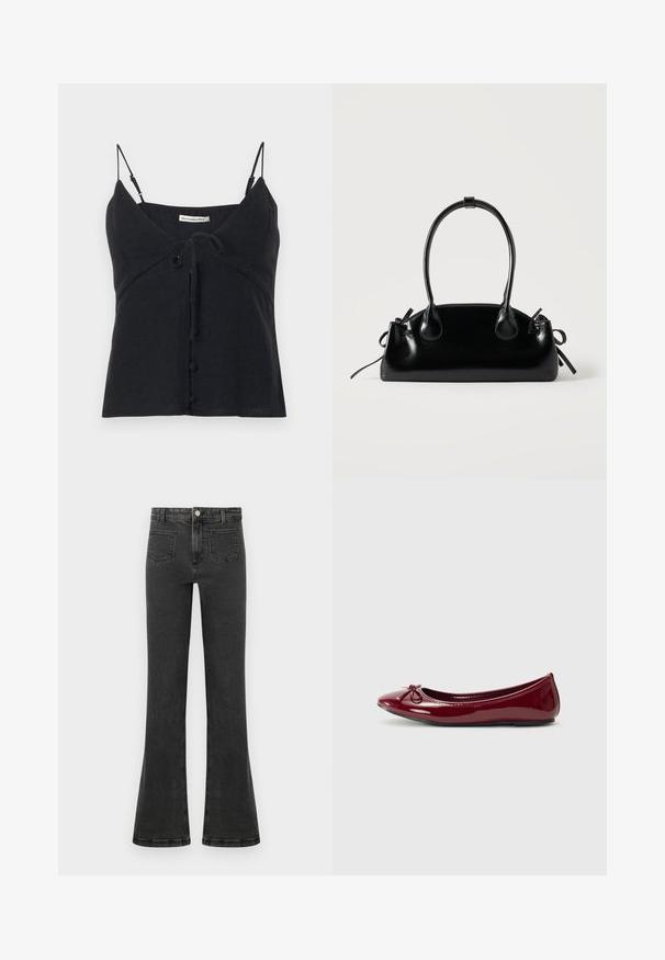 Camiseta sin mangas negra con tirantes finos ajustables, lazo frontal y detalles de botones cubiertos de Abercrombie & Fitch.; Vaqueros de mezclilla negros de talle alto con un ligero acampanado, botón y cremallera delanteros, y bolsillos delanteros de parche.; Bailarina en charol burdeos brillante, con punta redondeada y pequeño lazo en la parte frontal. Textura suave, tacón bajo.; Pequeño bolso negro brillante con dos asas largas y detalles de cordón lateral sobre un fondo claro liso.