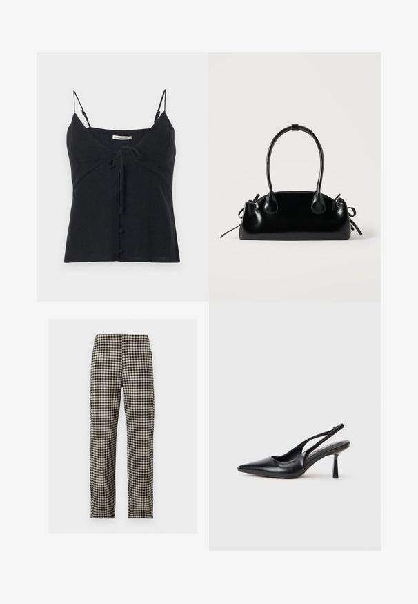 Débardeur noir sans manches avec fines bretelles ajustables, noué à l'avant, et détails de boutons recouverts de la marque Abercrombie & Fitch.; Pantalon droit à carreaux noir et beige avec devant plat et taille mi-haute sur fond blanc uni.; Chaussure à talon haut en cuir noir, à bride arrière, avec un bout pointu et un talon fin sur fond blanc.; Petit sac à main noir brillant avec deux longues anses et des détails à cordon sur les côtés sur un fond clair uni.