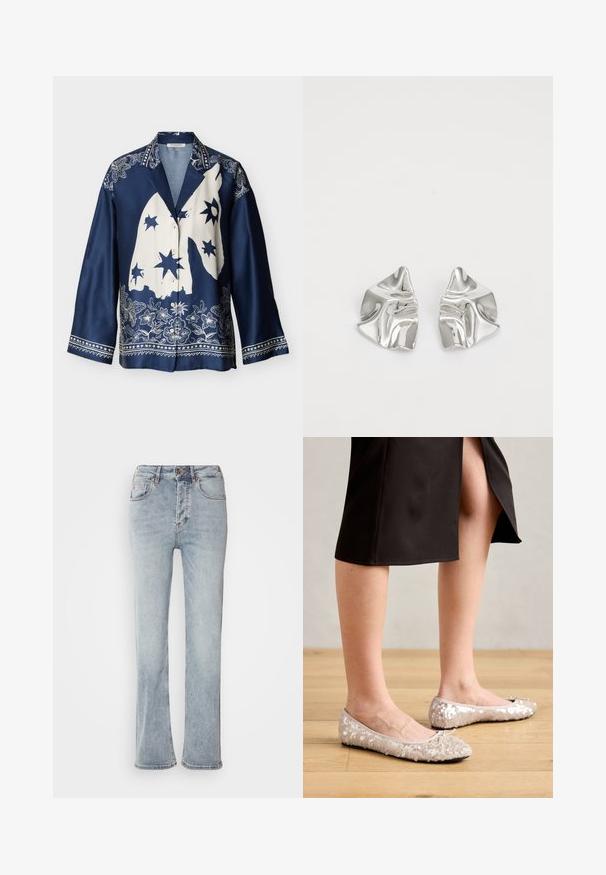 Mørkeblå skjorte med knapper og hvide blomster- og stjernemønstre, med en abstrakt stor hvid form i midten samt dekorativ krave og manchetter.; Lysblå denimjeans med høj talje, lige ben-design og en let udskæring ved kanten. Har syninger som accent og en lynlås foran.; Beige stæl ballet flats med en rund tå, der har en bueaccent, parret med en sort nederdel, vist på et trægulv.; Sølvmetal øreringe med et bølgende, skulpturelt design, der har en poleret overflade og uregelmæssige former, hvilket fremhæver en moderne æstetik.