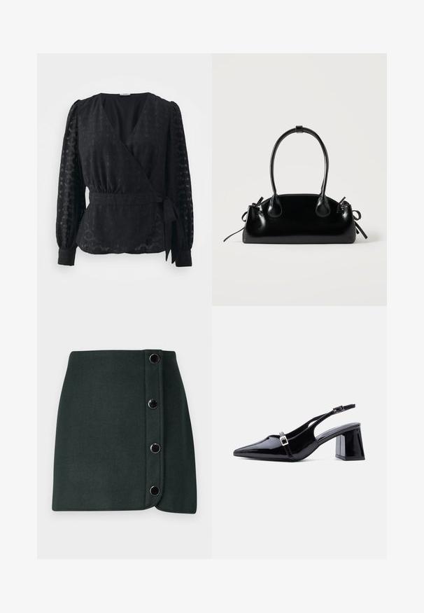 JDY JDYISLA WRAP - Blouse - black; Donkergroene wolmix wikkelrok met een zijsluiting, voorzien van vijf metalen knopen en een zachte textuur.; Zwarte slingback hak van lakleer met een spitse neus, lage blokhiel en twee kleine zilveren gespen op de bandjes.; Kleine zwarte glanzende handtas met twee lange hengsels en zijkant trekkoord details op een effen lichte achtergrond.