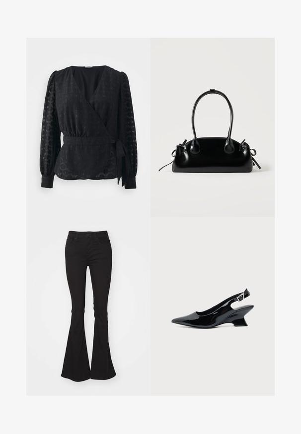 JDY JDYISLA WRAP - Μπλούζα - black; Μαύρα φαρδιά τζιν με ψηλή μέση, διαθέτουν κλασικό κλείσιμο με κουμπί και φερμουάρ, δύο μπροστινές τσέπες και ελαφρώς υφασμάτινη υφή.; Μαύρο παπούτσι slingback από πατενταρισμένο δέρμα με μυτερή μύτη και χαμηλό κεκλιμένο τακούνι τύπου block σε απλό φωτεινό φόντο.; Μικρή μαύρη γυαλιστερή τσάντα με δύο μακριές λαβές και λεπτομέρειες με ρυθμιζόμενο κορδόνι στο πλάι σε απλό ανοιχτό φόντο.