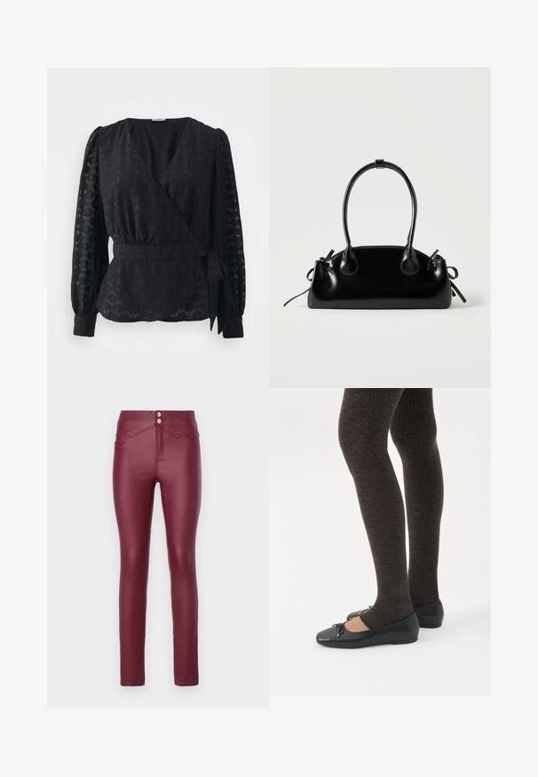 JDY JDYISLA WRAP - Μπλούζα - black; Μπορντό ψεύτικες δερμάτινες skinny παντελόνες με ψηλή μέση, διαθέτοντας δύο μπροστινά κουμπιά, διαγώνιες μπροστινές τσέπες και μια λεία, γυαλιστερή υφή.; Πόδια με σκουρόχρωμα ριμπ κολάν συνδυασμένα με μαύρα μπαλαρίνα παπούτσια με μικρές λεπτομέρειες φιόγκων σε λευκό φόντο.; Μικρή μαύρη γυαλιστερή τσάντα με δύο μακριές λαβές και λεπτομέρειες με ρυθμιζόμενο κορδόνι στο πλάι σε απλό ανοιχτό φόντο.