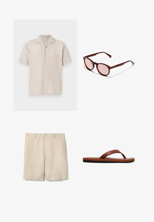 Camisa de manga corta en lino beige claro, con cuello y cinco botones delanteros. Textura suave con un brillo sutil.; Pantalones cortos beige hasta la rodilla con cierre de botón, trabillas para cinturón y bolsillos laterales, mostrados extendidos sobre un fondo blanco.; Chancla de cuero marrón con una tira texturizada, plantilla acolchada y suela de goma negra. Vista lateral que resalta su diseño delgado.; Gafas de sol redondas con un patrón de carey, montura marrón y lentes tintados en rosa. Presentan brazos delgados y un sutil grabado de la marca.