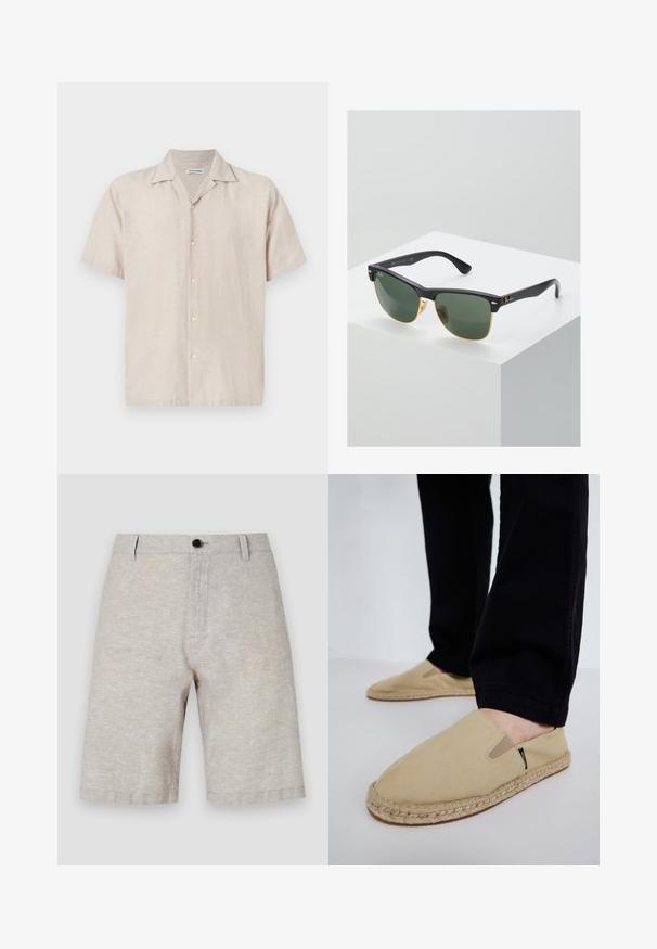 Camisa de manga corta en lino beige claro, con cuello y cinco botones delanteros. Textura suave con un brillo sutil.; Shorts de lino beige con una textura suave, que cuentan con un cierre de botón único, trabillas para el cinturón y un corte recto que llega hasta la mitad del muslo.; Zapatos de lona color beige tipo slip-on con gomas elásticas, suela de cuerda de yute y costuras en contraste. Llevados con pantalones negros ajustados.; Gafas de sol Ray-Ban con lentes verdes, montura de plástico negro y acentos dorados en los bordes. Forma cuadrada con acabado mate.