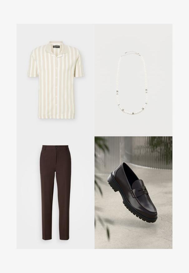 Korte mouwen, beige-wit verticaal gestreept poloshirt met knopen en een omgeslagen kraag.; Bruine broeken met een recht model, voorzien van een enkele zijplooien, een knoopsluiting en een gladde stoftextuur.; Bruine leren loafers met een getextureerde, geribbelde rubberen zool. Beschikt over een slank ontwerp en een decoratieve band over de wreef.; Witte parelketting met zilveren strass tussenstukjes en een zilveren ketting sluiting, weergegeven tegen een eenvoudige lichte achtergrond.