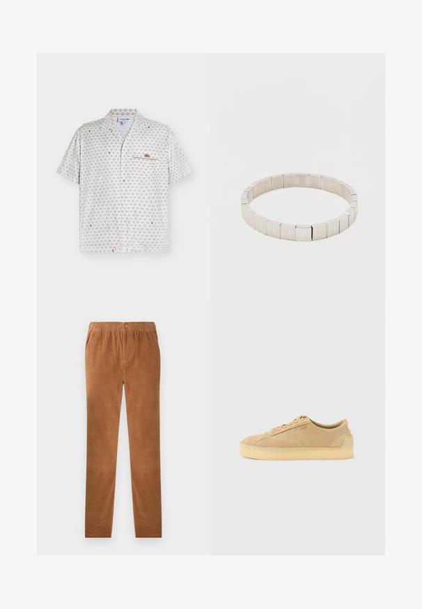 Chemise blanche à manches courtes avec un petit motif beige, une poche poitrine et un logo crocodile Lacoste marron sur la poche.; Pantalons en velours côtelé marron avec une taille élastique, dotés d'une fermeture à bouton. Design à jambe droite et tissu doux et texturé.; Baskets basses en daim beige avec semelle épaisse en gomme, fermeture à lacets à l'avant, et logo discret sur le côté, sur un fond uni gris clair.; Bracelet en argent composé de maillons métalliques rectangulaires avec une surface texturée et des bords lisses, arborant un branding subtil.