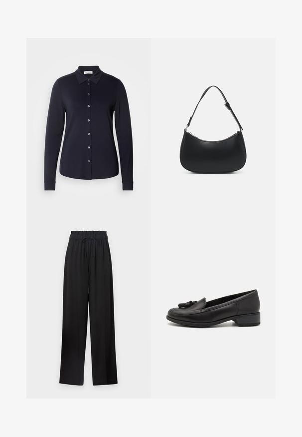 Marineblaue langärmelige Button-Up-Bluse mit klassischem Kragen, weichem Stoff und sechs Frontknöpfen. Sie hat enganliegende Manschetten und eine glatte Textur.; Schwarze weite Hose mit einem elastischen Bund und Kordelzug. Hergestellt aus einem glatten Stoff ohne sichtbare Muster oder Beschläge.; Schwarze Lederloafer mit runder Spitze, dekorativem Quasten-Detail an der Vorderseite und kleinem Blockabsatz. Glatte Textur und minimales Design.; Pieces PCALUANA SHOULDER BAG - Handtasche - black