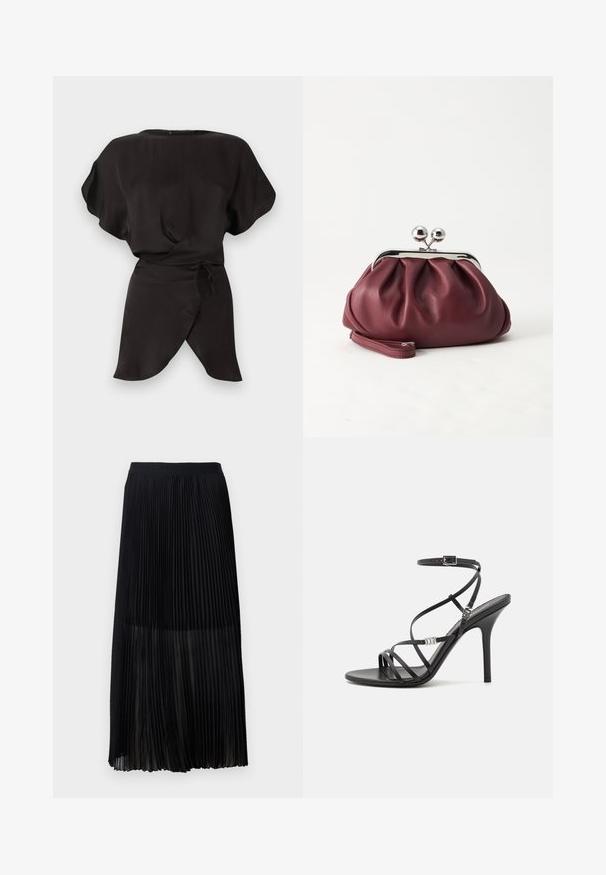 Robe noire à manches courtes avec encolure bateau, taille cintrée et jupe asymétrique portefeuille avec détail de nœud sur un fond uni.; Jupe midi plissée noire avec une taille élastique lisse et une superposition transparente, présentant de fins plis verticaux sur toute la surface du tissu.; Sandale noire à talons hauts avec des brides fines, une boucle à la cheville, une surface en cuir lisse et un talon aiguille élancé.; Petit sac pochette en cuir bordeaux avec fermoir métallique argenté et bracelet sur fond blanc.