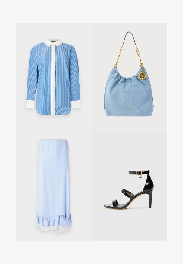 Camisa azul de manga larga con rayas verticales blancas, cuello blanco, tapeta de botones blanca en la parte delantera y puños blancos con botones.; Falda de satén azul claro con un dobladillo con volantes, que presenta un cinturón de encaje blanco y sutiles patrones florales en toda la tela. Cintura elástica.; Sandalia de charol negro con tres correas, hebilla en el tobillo y tacón de aguja de 10 cm. Presenta detalles de hardware en oro y un charm con el logo.; Bolso de hombro de ante azul claro con correa de cadena dorada y colgante circular con el logo dorado de Michael Kors.