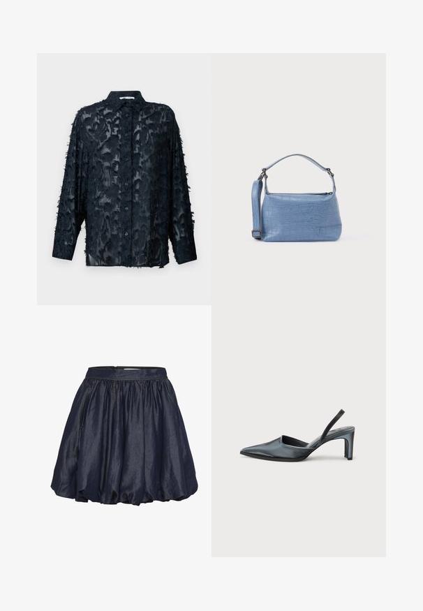 Sort gennemsigtig skjorte med et tekstureret mønster, der har en klassisk krave, lange ærmer og knaplukning. Kanterne har frynset detaljer.; Marineblå satin skirt med elastisk talje, rynkede plisseringer og en let udvidet design. Blød tekstur med en glat glans.; Sort slingback-hæl med spids tå, slank satinfinish og en slank hæl på 3 tommer. Åben sidedesign med minimal syningsdetalje.; Lyseblå taske med krokodillepræg, kort håndtag og aftagelig skulderrem. Glat tekstur med lynlås.