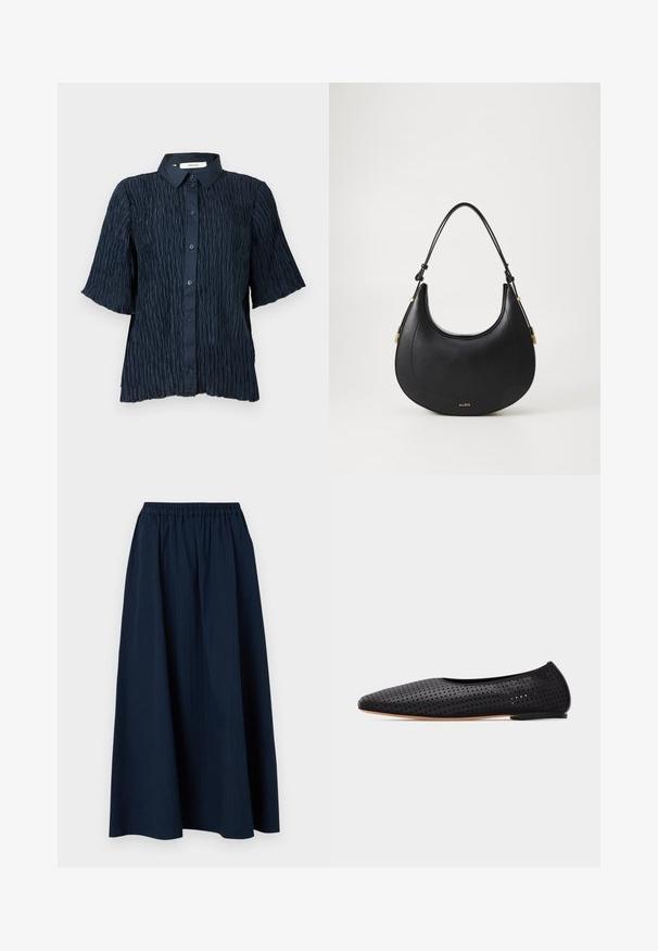 Camisa de manga corta en azul marino con una superficie texturizada y arrugada, que presenta un cierre frontal de botones y un cuello clásico.; Falda larga de color azul marino, hecha de un tejido texturizado con una cinturilla elástica y sutiles rayas verticales.; Bailarina de cuero negro perforado con punta afilada y tacón bajo, mostrada de perfil sobre un fondo blanco.; Bolso de mano de cuero negro con una silueta curva, una única correa ajustable, herrajes en tono dorado y un sutil detalle de logo en relieve.