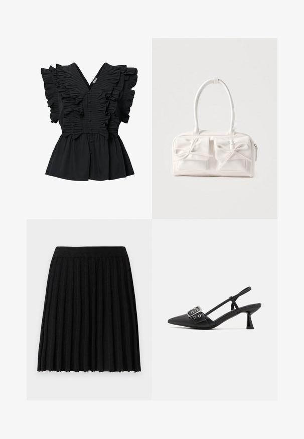 Sort ærmeløs bluse med dyb V-hals, flæsedetaljer langs fronten og skuldrene, samt stofbetrukne knapper ned langs midten.; Vero Moda Knitted VMMARINA Short - Mini skirts - black; Simmi London DALA - Pumps - black; Hvid syntetisk håndtaske med to forlommer, hver med en bundet sløjfedetalje. Glat tekstur, afrundede håndtag og lynlås lukning.