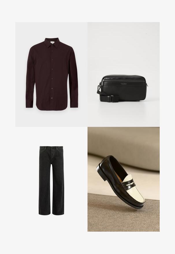 Mørkerød langærmet skjorte lavet af glat stof. Har en krave med knapper og fem sorte knapper foran. Diskret logo på brystet.; Sorte denim bredde ben jeans med høj talje, med klassisk fem-lomme design og subtil falmning for et tekstureret udseende.; Sort læderloafer med en cremefarvet vamp og sorte accentstriber, som har en lav hæl og detaljeret syning langs kanterne.; Sort læder crossover taske med en lynlåslomme, tekstureret overflade, justerbar rem og Calvin Klein-branding på forsiden.