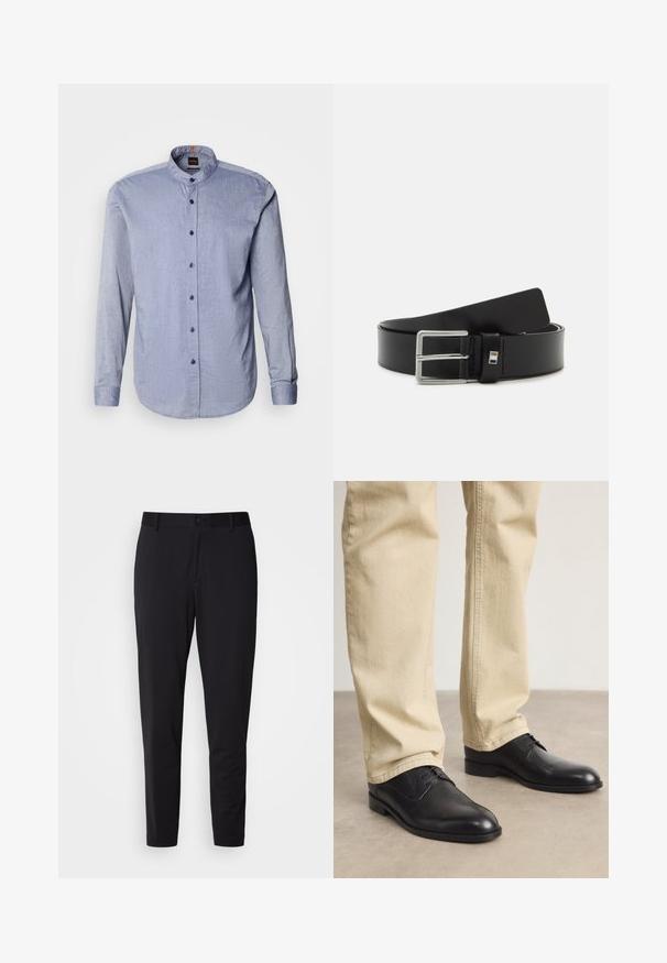 Hemd mit knöpfbarem Kragen aus hellblauem Stoff, mit Stehkragen, langen Ärmeln und dunkelblauen Knöpfen. Weiche Textur mit dezentem Muster.; Schwarze Hose aus strukturiertem Stoff, mit geradem Schnitt, normalem Bund mit einem Knopf und seitlichen Taschen.; Schwarze Leder Schnürschuhe mit runder Zehenform, glatter Oberfläche und dezenten Nähdetails, getragen mit hellbeigen Hosen.; Schwarzer Leder-Gürtel mit glatter Textur, ausgestattet mit einer silbernen Metallschnalle und einem rechteckigen Akzent in der Nähe der Schnalle.