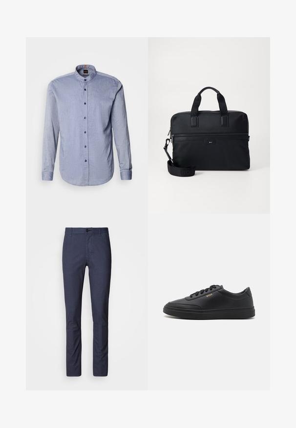 Chemise boutonnée en tissu bleu clair, dotée d'un col montant, de manches longues et de boutons bleu foncé. Texture douce avec un motif subtil.; Pantalon bleu marine slim avec un motif texturé subtil, doté d'une fermeture à bouton et de poches traditionnelles. Finition en tissu lisse.; Baskets en cuir noir avec une texture lisse, bout rond, semelle en caoutchouc plate et lacets ton sur ton. Présente une marque "BOSS" dorée sur le côté.; Sac à dos en nylon noir pour ordinateur portable avec deux poignées, une sangle détachable, une poche zippée et un branding subtil. Surface texturée avec un design élégant.