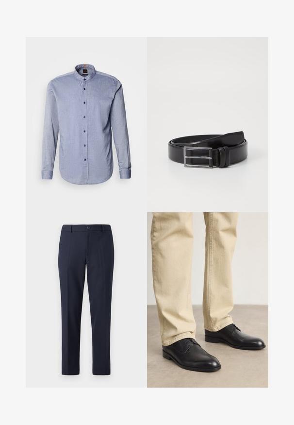 Chemise boutonnée en tissu bleu clair, dotée d'un col montant, de manches longues et de boutons bleu foncé. Texture douce avec un motif subtil.; Pantalon navy en tissu lisse, avec une coupe droite, des passants de ceinture et une fermeture à bouton unique à la taille.; Chaussures noires en cuir à lacets avec un bout arrondi, finition lisse et détails de couture subtils, portées avec un pantalon beige clair.; Ceinture en cuir noir au toucher lisse, dotée d'une boucle rectangulaire en argent et d'un double détail de broche. Design classique et polyvalent.