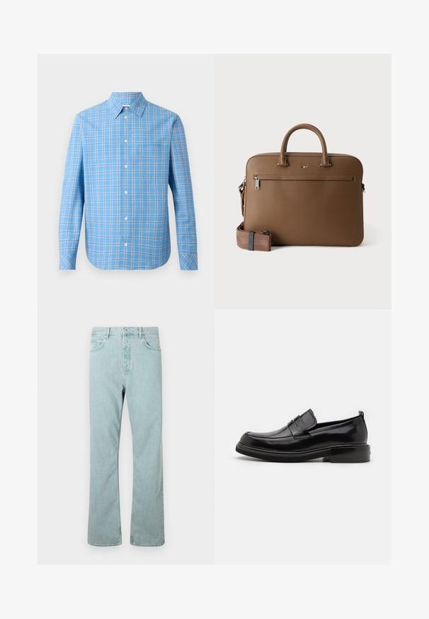 Chemise à carreaux bleu clair à manches longues, col classique et poche poitrine unique. Présente des accents de grille blancs et noirs.; Jeans en denim bleu clair avec une coupe droite, cinq poches et une fermeture à un bouton. Finition avec des détails de couture subtils.; Calvin Klein MOCCASIN - Mocassins de ville - black; Mallette en cuir marron avec poignées supérieures, poche avant zippée et bandoulière assortie amovible sur fond blanc.