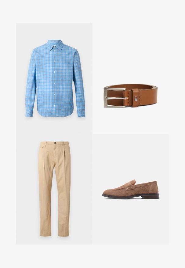Chemise à carreaux bleu clair à manches longues, col classique et poche poitrine unique. Présente des accents de grille blancs et noirs.; Pantalons en coton beige à jambe droite pour homme, avec poches avant, passants de ceinture, fermeture à bouton et zip, sur fond blanc.; Mocassin pour homme en daim marron clair avec petit talon et détail de sangle penny, présenté en profil latéral sur fond blanc.; Ceinture en cuir marron avec boucle rectangulaire argentée et petite étiquette logo rectangulaire avec un motif rouge, blanc et noir près de la boucle.