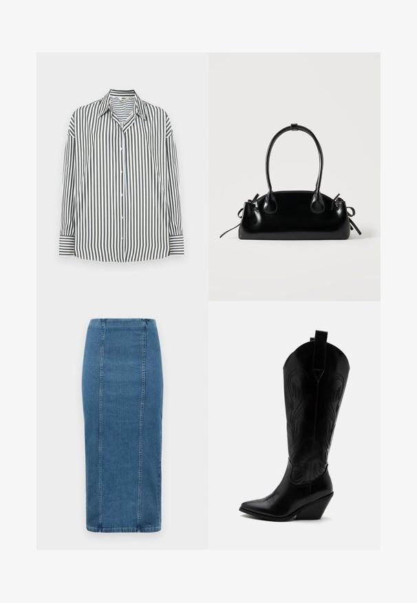 Knapp-up skjorte i grønne og hvide lodrette striber, med en klassisk krave, lange ærmer og en lige kant.; Blå denim blyantskørt med lodrette sømme og høj talje, der går til under knæet, vist på en hvid baggrund.; Sort læder cowboystøvle med spidst tåparti, skråt blokhælhæl, dekorative sømme og trækstropper øverst mod hvid baggrund.; Lille sort blank håndtaske med to lange håndtag og snøre-detaljer i siden på en ensfarvet lys baggrund.