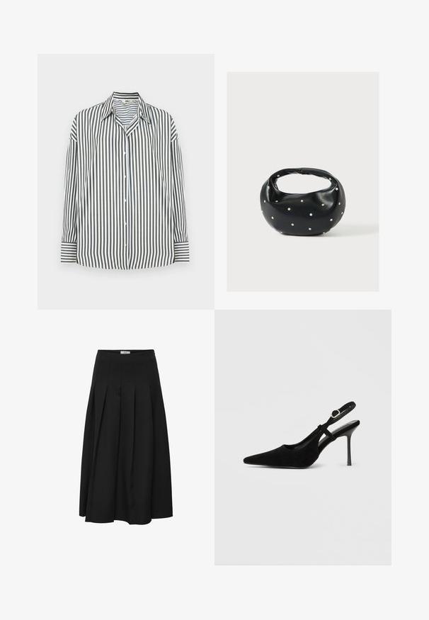Chemise boutonnée à rayures verticales vertes et blanches, avec un col classique, des manches longues et un ourlet droit.; Jupe midi plissée noire en tissu lisse. Elle présente une taille haute et une silhouette fluide avec des plissés soigneusement cousus.; Escarpin slingback en suède noir avec bout pointu, talon aiguille fin, bride de cheville réglable et doublure intérieure lisse.; Sac à main en cuir noir de forme arrondie, décoré de clous argentés et équipé d'une poignée courte. Texture lisse et fermeture éclair.