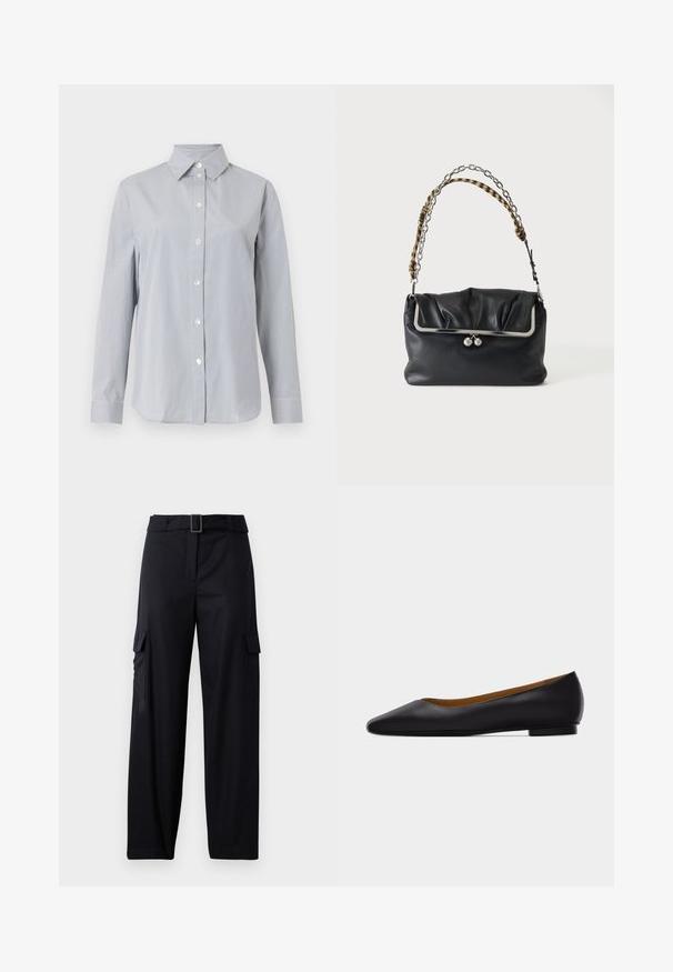 Chemise gris clair à manches longues avec fines rayures blanches verticales, fermeture boutonnée à l'avant, col pointu et poignets assortis sur fond uni.; Pantalons cargo noirs avec une coupe droite, dotés de deux poches latérales et d'une ceinture avec une boucle rectangulaire. Texture de tissu lisse.; Chaussure plate en cuir noir à bout pointu avec talon bas et finition lisse, vue de côté sur un fond gris clair.; Pochette en cuir noir avec cadre et fermoir argentés, dotée d'une poignée courte combinant chaîne argentée et tissu à carreaux jaune-noir.