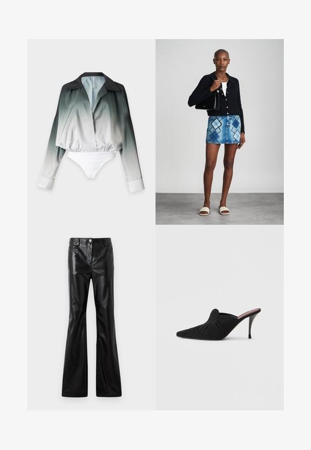 Langærmet ombre bodystocking med sort krave, der går fra mørkegrøn til hvid, med dyb V-hals og elastisk talje.; Rabanne Loose-jeans - black; Sort højhælet mule med spids tå, blødt stof med rynket tekstur foran og en slank stiletthæl.; Sort striktrøje, hvid top, denimnederdel med blå og sort diamantmønster, sort håndtaske og beige slidesandaler.