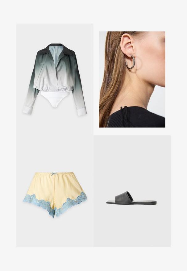 Body chemise à manches longues ombré avec col noir dégradé du vert foncé au blanc, avec un décolleté en V profond et une taille élastique.; Shorts de nuit en satin jaune avec une bordure en dentelle bleu clair à l'ourlet et un petit nœud bleu à la taille élastique sur fond blanc.; Sandale à glisser en cuir noir avec une large sangle unique et une semelle plate, présentant une texture lisse et un design minimaliste.; Boucle d'oreille en argent avec une finition polie, présentant de petits détails en or et de forme ronde, portée sur le lobe.