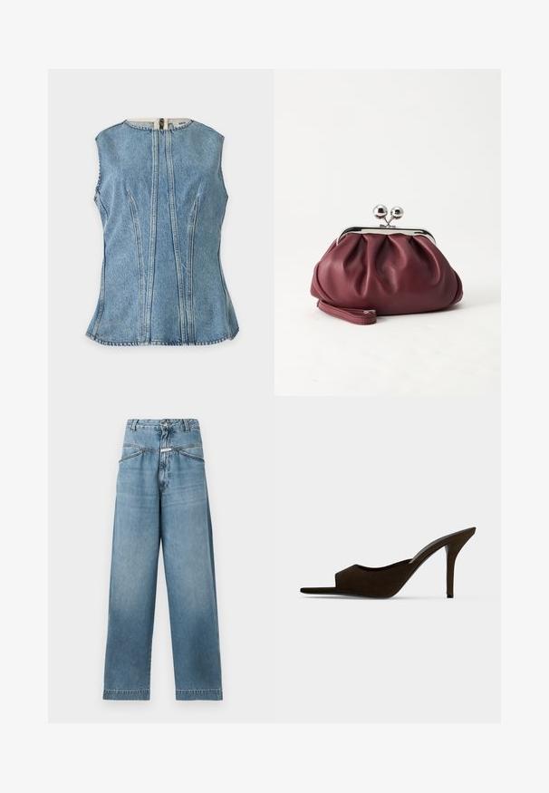 Ärmelloses blaues Denim-Top mit vertikalen Nahtdetails und Reißverschluss auf der Rückseite, vor weißem Hintergrund gezeigt.; CLOSED DENI - Wide Leg - mid blue; Schwarzer Wildleder-Mule mit offenem Zehenbereich, schlankem hohem Absatz und Slip-On-Design, seitlich auf schlichtem Hintergrund gezeigt.; Kleine burgunderrote Lederclutch mit silbernem Metallverschluss und Handgelenksriemen auf weißem Hintergrund.