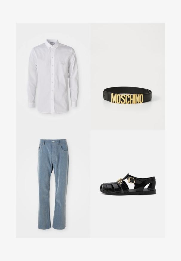 Camisa blanca de manga larga con cuello abotonado y un sutil logo bordado en el lado izquierdo del pecho.; Pantalones de pana de color azul claro con cierre de botón y cremallera, bolsillos frontales y piernas rectas sobre fondo blanco.; Sandalias de goma negras con diseño perforado, que cuentan con un cierre de hebilla dorada y una plantilla texturizada. Logo estampado en el talón.; Cinturón de cuero negro con una gran hebilla con el logo dorado "MOSCHINO", textura suave, tamaño ajustable y diseño minimalista.