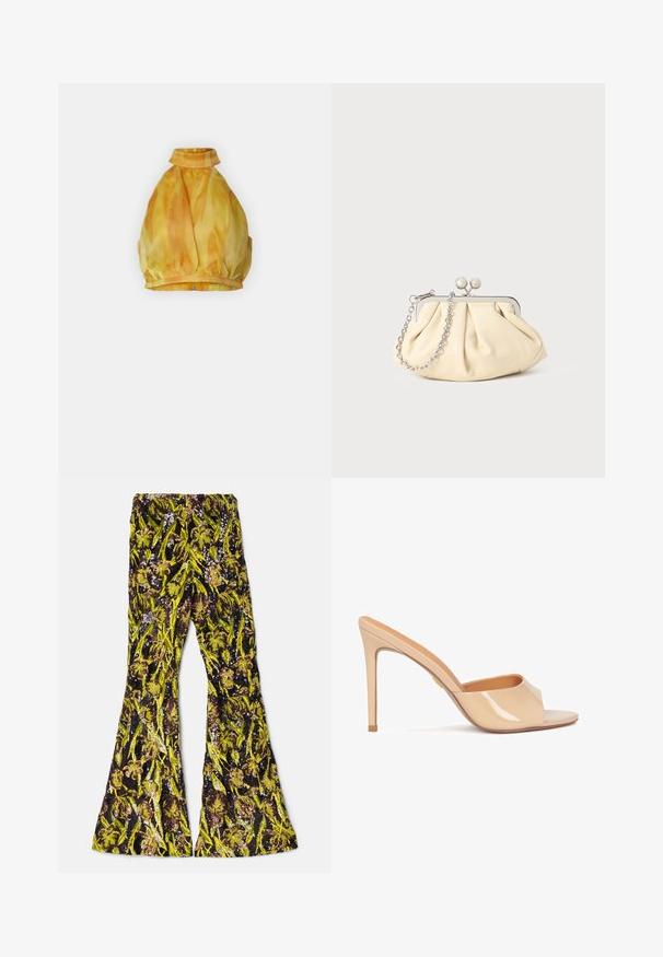 Geel haltertop met een verzameld ontwerp, met een hoge hals en elastische zoom. De stof heeft een gladde, vloeiende textuur met een aquarelpatroon.; AKNVAS EXCLUSIVE LENNON BEADED PANT - Broek - ink citrine; Beige patenten leren hoge hak mules met een open teen, gebogen riemontwerp en een stilettohak, met een subtiele gouden accentdetail.; Geplooide beige leren clutch met een zilveren metalen frame, voorzien van twee ronde decoratieve sluitingen en een zilveren kettingriem.