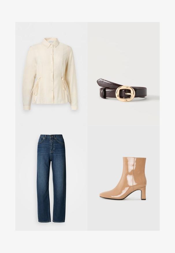 Blouse à manches longues couleur crème avec des boutons sur le devant, un col et des liens latéraux ajustables pour un effet taille cintrée.; Jean en denim bleu foncé à coupe décontractée, taille haute, design à cinq poches et coutures visibles. Le tissu a une texture lisse.; Bottes à talon nu patent avec un bout pointu, une finition brillante et un talon bloc de hauteur intermédiaire. Texture lisse et silhouette élégante.; Ceinture en cuir brun foncé enroulée avec une boucle rectangulaire arrondie dorée et brillante sur un fond uni clair.