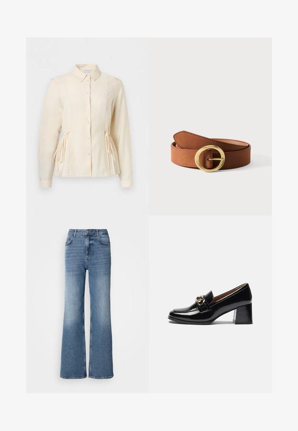 Bluse i cremefarve med lange ærmer, knapper foran, krave og justerbare bånd i siderne for en tætsiddende talje.; Mos Mosh MAI - Jeans Straight Leg - blue wash; Sorte patentlæder hæl loafers med rund tå, kraftigere hæl og en guldfarvet hardwaredetalje på den forreste rem.; Brunt læderbælte med rund guldmetalspænde, rullet sammen på en ensartet hvid baggrund.