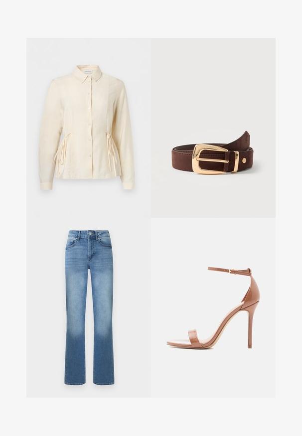 Blouse à manches longues couleur crème avec des boutons sur le devant, un col et des liens latéraux ajustables pour un effet taille cintrée.; Jean en denim bleu clair taille haute avec bouton frontal et fermeture éclair, poches avant et arrière, coupe droite.; Sandales à talons en cuir verni nude avec une fine bride à la cheville, design à bout ouvert et talon aiguille. Texture lisse et style minimaliste.; Ceinture en cuir marron roulée avec une boucle rectangulaire dorée brillante et un petit logo métallique rond près de la pointe.