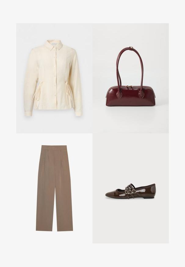 Blouse à manches longues couleur crème avec des boutons sur le devant, un col et des liens latéraux ajustables pour un effet taille cintrée.; Pantalons plissés marron avec une coupe large, dotés d'une taille plate et de poches latérales, fabriqués à partir d'un tissu léger.; Chaussure plate en cuir verni marron avec bout pointu et trois brides ajustables à boucle sur le côté, vue du profil extérieur.; Sac à main en cuir bordeaux avec une forme courbée, deux poignées, fermeture éclair et détails de couture subtils. Fini lisse et brillant.