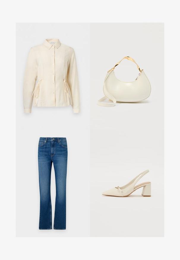 Cremefarbene Langarmbluse mit Knöpfen vorne, Kragen und verstellbaren Seitenschnüren für eine taillierte Passform.; Blaue Jeans mit ausgestelltem Bein, im Five-Pocket-Design, mit Reißverschluss und einem verblassten Look. Mit Ziernähten und einem standardmäßigen Bund ausgestattet.; Beiger Leder Slingback-Schuh mit spitzem Zeh, niedrigem Blockabsatz und kleiner Schleifenakzent an der Vorderseite. Glatte Textur und minimalistische Gestaltung.; Cremfarbene, halbmondförmige Handtasche mit glänzendem, goldfarbenem kurzem Griff und passendem langem Riemen vor schlichtem hellem Hintergrund.