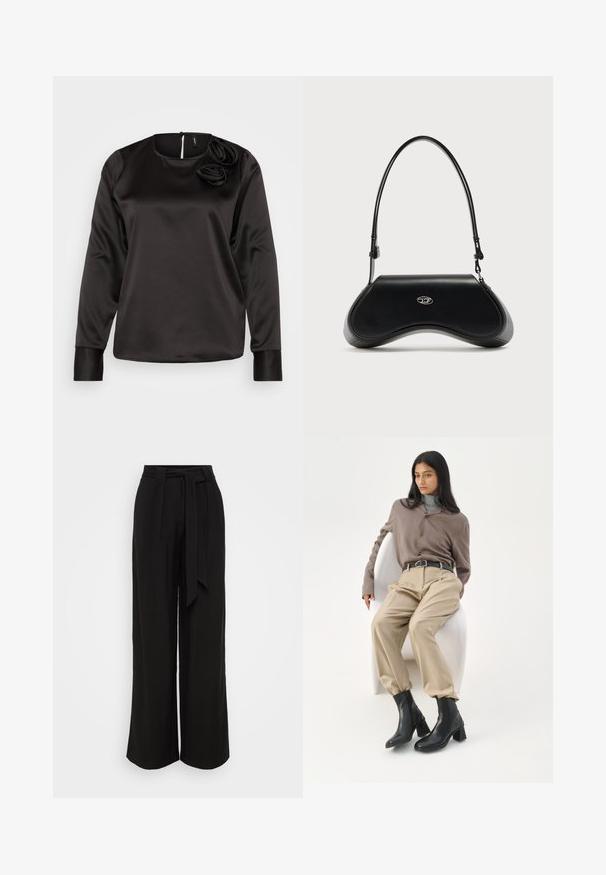 Vero Moda VMLIS O NECK ROSE - Pitkähihainen paita - black; Mustat leveälahkeiset housut, jotka on valmistettu sileästä kankaasta. Housuissa on korkea vyötärö, solmittava vyö ja laskokset siistimpiä linjoja varten.; Pitkä mustahiuksinen nainen nojaa valkoiseen kaarevaan tuoliin, yllään harmahtavanruskea pusero, beige housut, musta vyö ja mustat nilkkurit korkokengillä.; Musta nahkainen olkalaukku, jossa on kaareva pohja, hopeanvärinen ovaalilogo edessä ja ohut säädettävä hihna valkoisella taustalla.