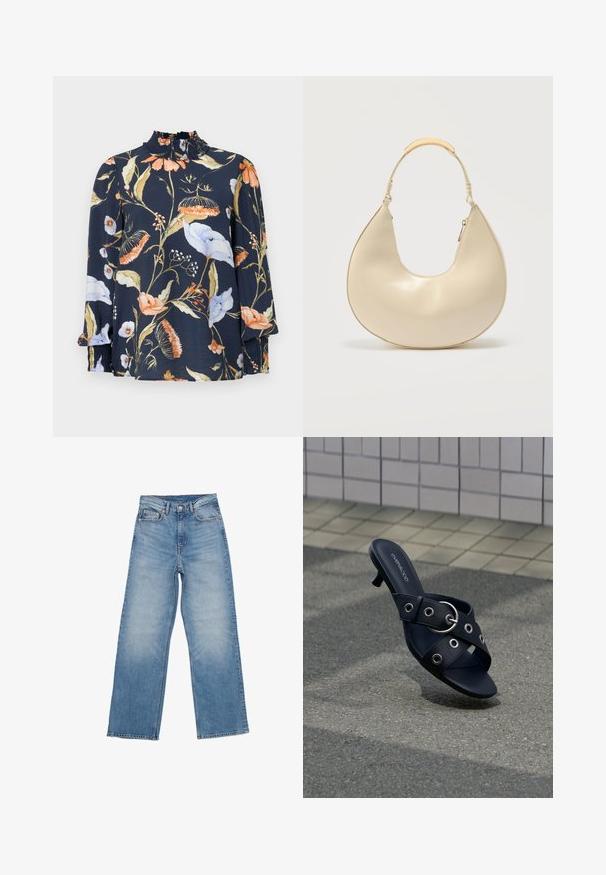 Langærmet mørkeblå bluse med blomsterprint i orange, hvid og grøn. Har en sammensnøret hals og elastiske manchetter. Blød stofstruktur.; Lyseblå denimjeans har en lige ben design, fem lomme stil og en knaplukning. Stoffet har en falmet tekstur.; Sort hælsandal med krydsede stropper med sølvøjer og en rund spænde, placeret på tekstureret fortov nær flisevæg.; Kremfarvet håndtaske i halvmåneform med kort håndtag, der har en metaldetalje i guldton og lynlåslukning på siden.