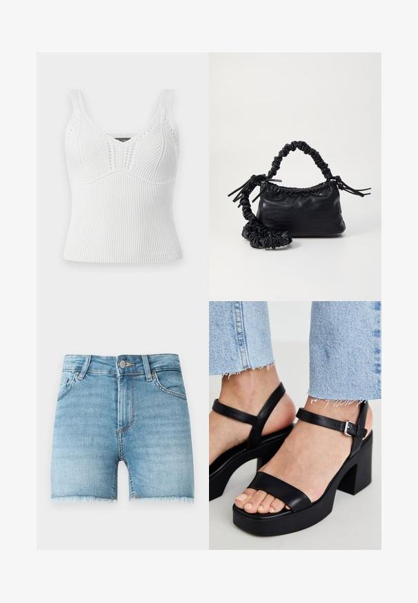Hvid ribbet strikket tanktop med brede stropper, har et tekstureret mønster og en tætsiddende silhuet, designet til en tæt pasform.; Lette blå denimshorts med rå kant, fem lommer og lukning med knap foran. Har let falmede områder og en klassisk snit.; ALDO CELIE - Højhælede sandaletter / Højhælede sandaler - black; Sort kunstlæder håndtaske med krokodilteksur, indsnøret top og en sammenkrøben rem. Ser blød og kompakt ud i designet.