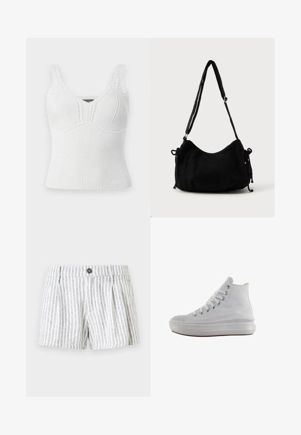 Weißes geripptes Stricktanktop mit breiten Trägern, präsentiert ein strukturiertes Muster und eine figurbetonte Silhouette, ausgelegt für eine enge Passform.; Gestreifte Shorts in Hellgrau und Weiß, mit Knopfverschluss, Falten an der Vorderseite und einem weichen, strukturierten Stoff.; Weißer High-Top-Canvas-Sneaker mit weißen Schnürsenkeln, metallischen Ösen, dicker Gummisohle und strukturierter Zehenkappe, nach links auf weißem Hintergrund ausgerichtet.; Schwarze Cordtasche mit geschwungener Form, verstellbarem Schultergurt und Kordelzugverschlüssen an beiden Seiten zur Größenanpassung.